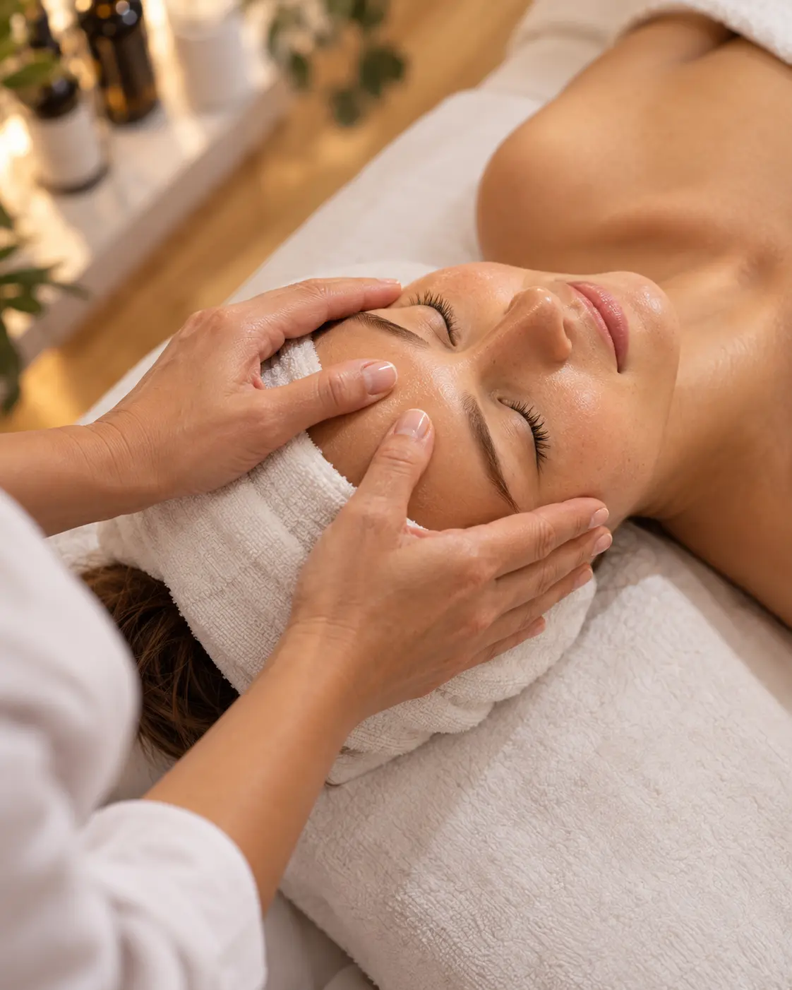 Especialista revisando la piel de una clienta antes de un tratamiento facial