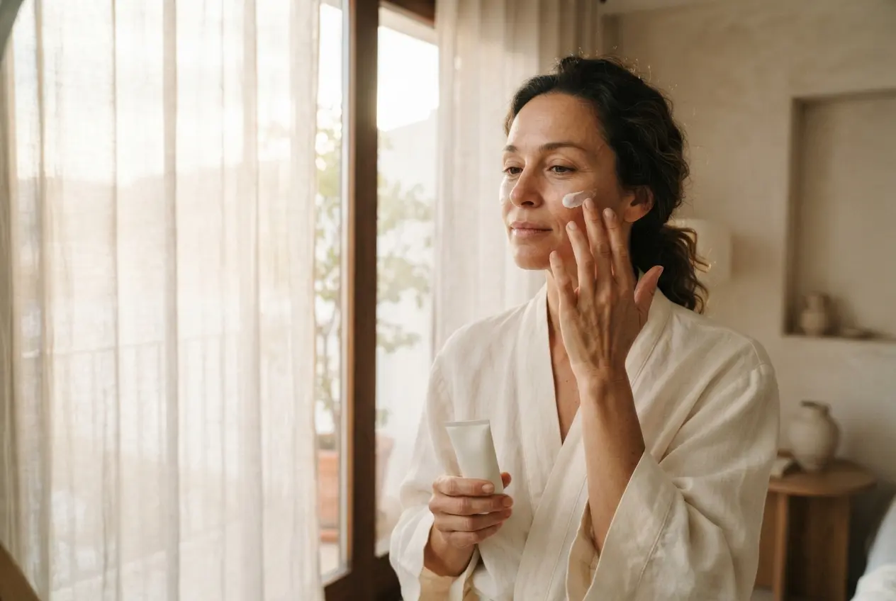 Mujer aplicando protector solar en el rostro junto a una ventana con luz suave